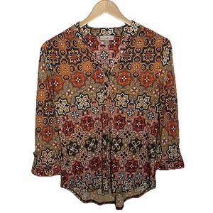 Roz & Ali Geometric 3/4 Roll Tab Sleeve Blouse Women’s Size Small